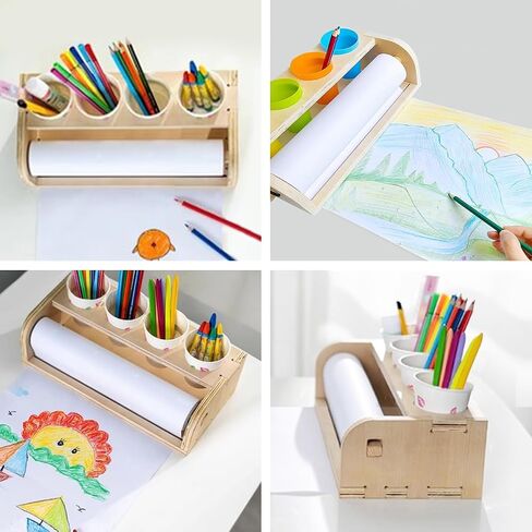 Wooden Tabletop Paper Roll Dispenser with Paper Roll and Pencil Holder Cups Craft Paper Roll Dispenser Desktop Paper Roll Holder Paper Roll Easel Art Paper Roll Stand for Kids in Saudi Arabia