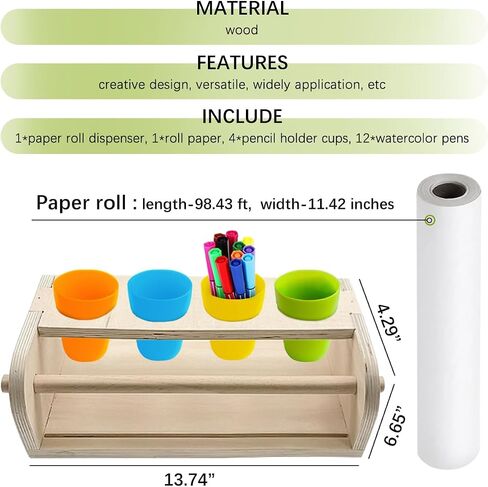 Wooden Tabletop Paper Roll Dispenser with Paper Roll and Pencil Holder Cups Craft Paper Roll Dispenser Desktop Paper Roll Holder Paper Roll Easel Art Paper Roll Stand for Kids in Saudi Arabia