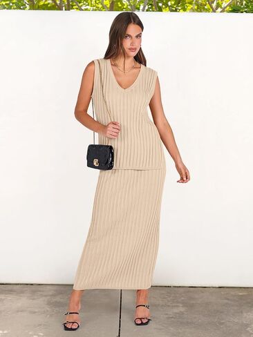 ANRABESS Women's 2 Piece Outfits Summer Sweater Skirt Sets Casual Sleeveless V Neck Ribbed Vest Knit Tops Midi Dress in Saudi Arabia