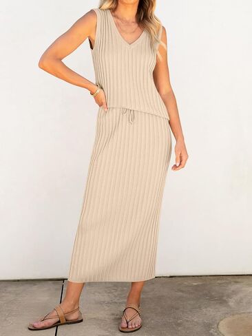 ANRABESS Women's 2 Piece Outfits Summer Sweater Skirt Sets Casual Sleeveless V Neck Ribbed Vest Knit Tops Midi Dress in Saudi Arabia