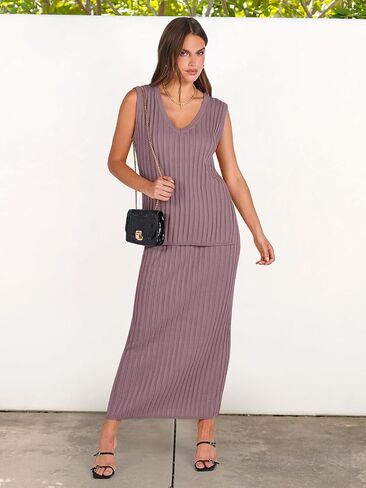 ANRABESS Women's 2 Piece Outfits Summer Sweater Skirt Sets Casual Sleeveless V Neck Ribbed Vest Knit Tops Midi Dress in Saudi Arabia