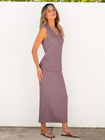 ANRABESS Women's 2 Piece Outfits Summer Sweater Skirt Sets Casual Sleeveless V Neck Ribbed Vest Knit Tops Midi Dress in Saudi Arabia