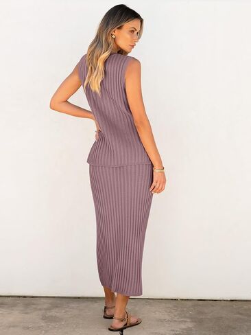 ANRABESS Women's 2 Piece Outfits Summer Sweater Skirt Sets Casual Sleeveless V Neck Ribbed Vest Knit Tops Midi Dress in Saudi Arabia