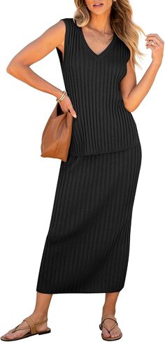 ANRABESS Women's 2 Piece Outfits Summer Sweater Skirt Sets Casual Sleeveless V Neck Ribbed Vest Knit Tops Midi Dress in Saudi Arabia