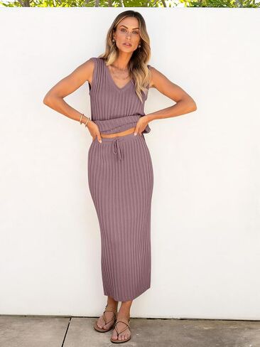 ANRABESS Women's 2 Piece Outfits Summer Sweater Skirt Sets Casual Sleeveless V Neck Ribbed Vest Knit Tops Midi Dress in Saudi Arabia