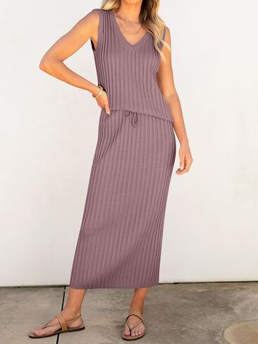 ANRABESS Women's 2 Piece Outfits Summer Sweater Skirt Sets Casual Sleeveless V Neck Ribbed Vest Knit Tops Midi Dress in Saudi Arabia