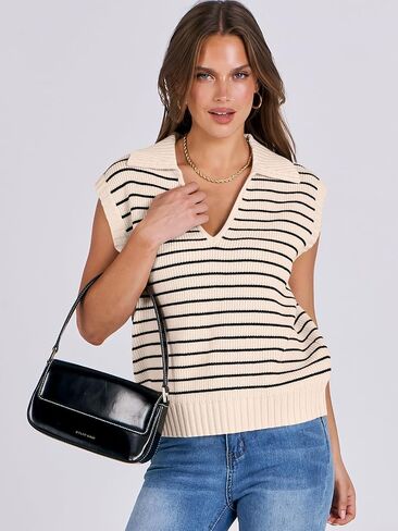 سترة نسائية صيفية من ANRABESS بدون أكمام سترة علوية مخططة بياقة على شكل V سترة قصيرة بدون أكمام موضة ربيع 2024 in Saudi Arabia