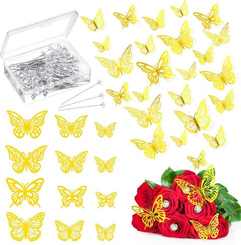 198 قطعة من دبابيس باقة الورد للزهور ومجموعة ملصقات الفراشة الذهبية ثلاثية الأبعاد ودبابيس الماس الزهرية وترتيبات الزهور لمستلزمات حفلات الزفاف في عيد الأم in Kuwait