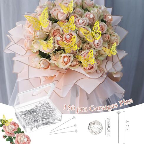 198 قطعة من دبابيس باقة الورد للزهور ومجموعة ملصقات الفراشة الذهبية ثلاثية الأبعاد ودبابيس الماس الزهرية وترتيبات الزهور لمستلزمات حفلات الزفاف في عيد الأم in Kuwait