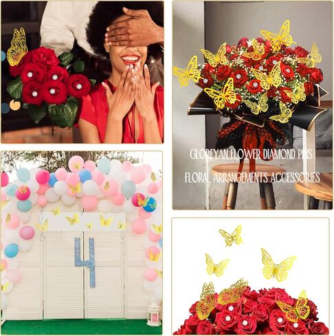 198 قطعة من دبابيس باقة الورد للزهور ومجموعة ملصقات الفراشة الذهبية ثلاثية الأبعاد ودبابيس الماس الزهرية وترتيبات الزهور لمستلزمات حفلات الزفاف في عيد الأم in Kuwait