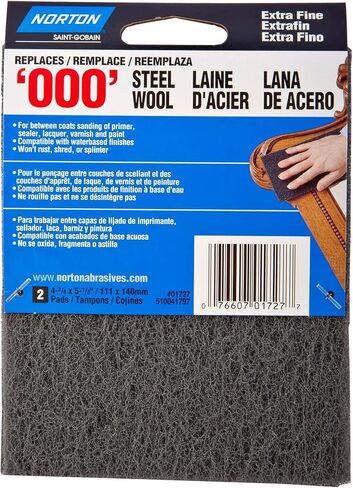 Norton Synthetic Steel Wool Pad, Polyester Fiber, 5-1/2" Length x 4-3/8" Width, Grit Type 000 (Pack of 2) in Saudi Arabia