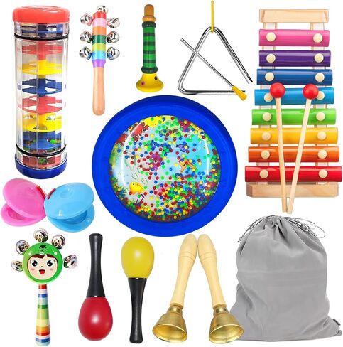 Toddler Music Instruments, Orff Wooden Percussion Toys for Kids, Wave Drum, Eight-Tone clapstick, Music Education Toys for Boys and Girls Gift Toy Set with Storage Bag (14Pcs) in Saudi Arabia