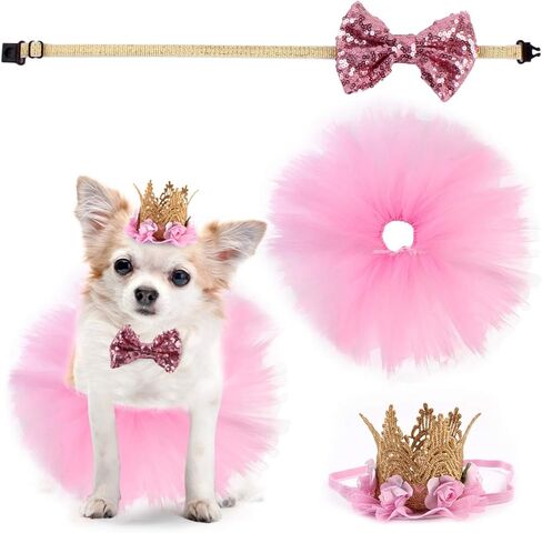 3 Packs Dog Birthday Party Supplies Girl Dog Pink Tutu Skirt Birthday Crown Hat Bowtie Pet Costume Apparel Small Dogs Cats Puppy Cute Dresses (Hat+Bowtie+Skirt) in Kuwait