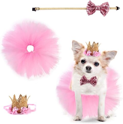 3 Packs Dog Birthday Party Supplies Girl Dog Pink Tutu Skirt Birthday Crown Hat Bowtie Pet Costume Apparel Small Dogs Cats Puppy Cute Dresses (Hat+Bowtie+Skirt) in Kuwait