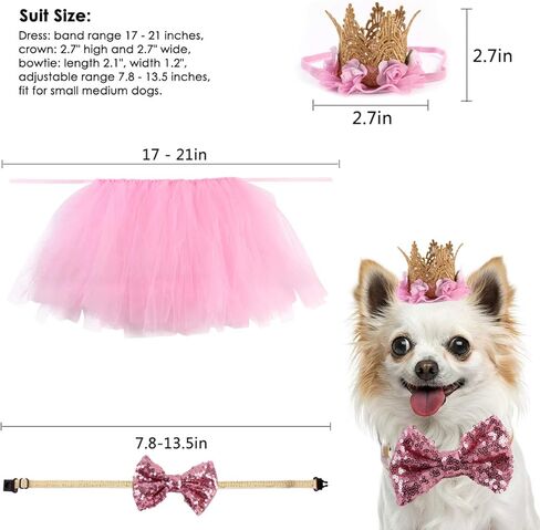 3 Packs Dog Birthday Party Supplies Girl Dog Pink Tutu Skirt Birthday Crown Hat Bowtie Pet Costume Apparel Small Dogs Cats Puppy Cute Dresses (Hat+Bowtie+Skirt) in Kuwait