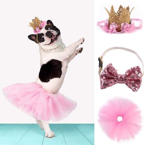 3 Packs Dog Birthday Party Supplies Girl Dog Pink Tutu Skirt Birthday Crown Hat Bowtie Pet Costume Apparel Small Dogs Cats Puppy Cute Dresses (Hat+Bowtie+Skirt) in Kuwait