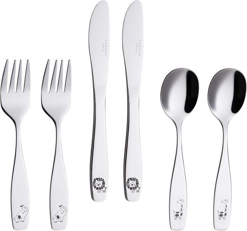 مجموعة أدوات المائدة الآمنة للأطفال من أنوفا، 6 قطع من الفولاذ المقاوم للصدأ - 3 × شوك للأطفال، 3 × ملعقة عشاء، أواني الأطفال الصغار، لصندوق الغداء (حيوانات السفاري الفيل المحفور، الزرافة، الأسد) in Kuwait