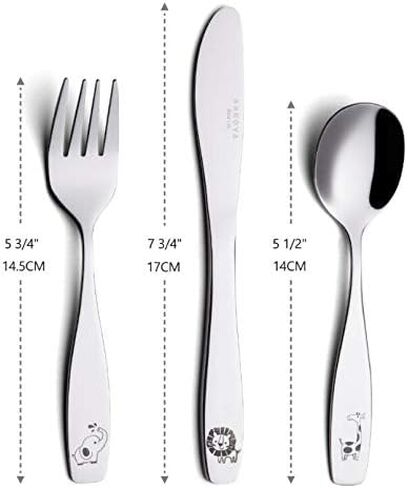 مجموعة أدوات المائدة الآمنة للأطفال من أنوفا، 6 قطع من الفولاذ المقاوم للصدأ - 3 × شوك للأطفال، 3 × ملعقة عشاء، أواني الأطفال الصغار، لصندوق الغداء (حيوانات السفاري الفيل المحفور، الزرافة، الأسد) in Kuwait