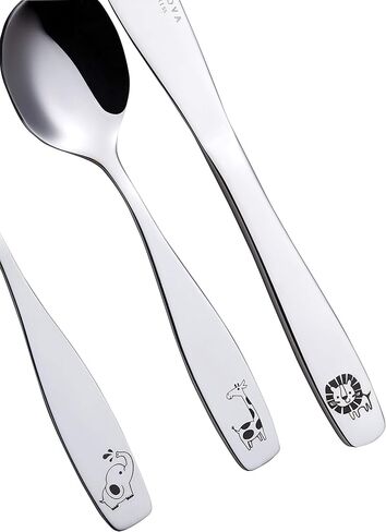 مجموعة أدوات المائدة الآمنة للأطفال من أنوفا، 6 قطع من الفولاذ المقاوم للصدأ - 3 × شوك للأطفال، 3 × ملعقة عشاء، أواني الأطفال الصغار، لصندوق الغداء (حيوانات السفاري الفيل المحفور، الزرافة، الأسد) in Kuwait