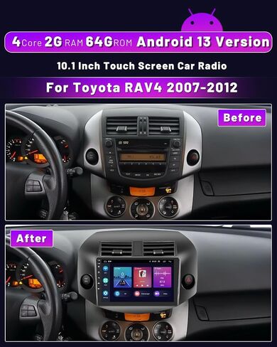 2+64 جيجا بايت Apple Carplay لاسلكي لراديو Android Toyota RAV4 2007-2012، شاشة Hikity 10.1 بوصة تعمل باللمس RAV4 ستيريو مع Android Auto، HiFi، نظام تحديد المواقع العالمي (GPS)، واي فاي، بلوتوث، SWC، ميكروفون، كاميرا احتياطية in Saudi Arabia