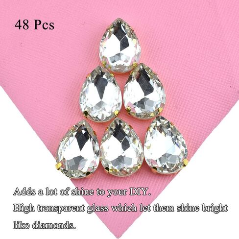 Hahiyo 13x18mm خياطة على أحجار الراين مخالب قاعدة عالية شفافة زجاج كريستال أحجار كريمة معدنية إعداد الشق الخلفي سهل الغراء المسيل للدموع قطرة 48 قطعة متعددة الوظائف للمجوهرات هدية فستان فنون الحرف تزيين in Kuwait