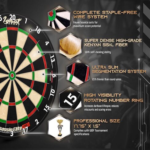 IgnatGames Dart Board Professional- Competition Size Kenyan Sisal Dart Board for Adults - Staple-Free Ultra-Thin Wire Spider Dartboard + Accessories & SnapFit Dartboard Mounting Bracket in Kuwait