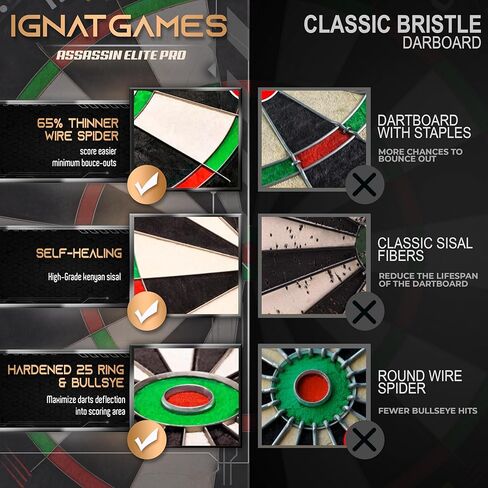IgnatGames Dart Board Professional- Competition Size Kenyan Sisal Dart Board for Adults - Staple-Free Ultra-Thin Wire Spider Dartboard + Accessories & SnapFit Dartboard Mounting Bracket in Kuwait