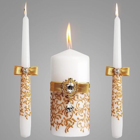 Ivory Unity Candle Set for Weddings Ceremony Set 3 pcs - 6" Pillar and 2 10" Tapers - Decorative Unity Candles for Wedding - Wedding Accessories for Reception and Ceremony Gold in Saudi Arabia