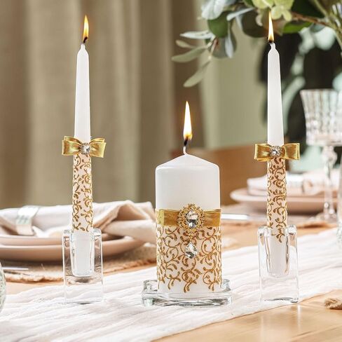 Ivory Unity Candle Set for Weddings Ceremony Set 3 pcs - 6" Pillar and 2 10" Tapers - Decorative Unity Candles for Wedding - Wedding Accessories for Reception and Ceremony Gold in Saudi Arabia