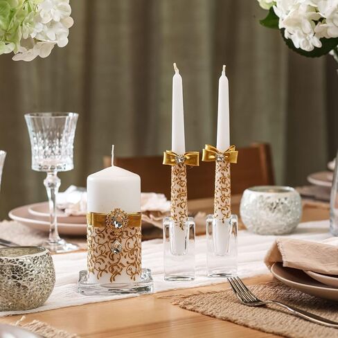 Ivory Unity Candle Set for Weddings Ceremony Set 3 pcs - 6" Pillar and 2 10" Tapers - Decorative Unity Candles for Wedding - Wedding Accessories for Reception and Ceremony Gold in Saudi Arabia