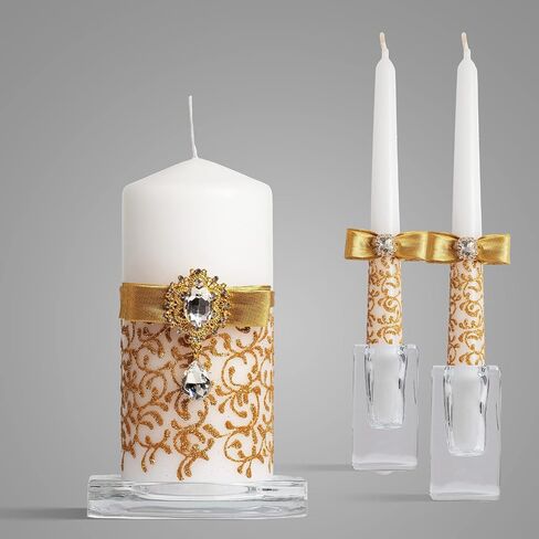 Ivory Unity Candle Set for Weddings Ceremony Set 3 pcs - 6" Pillar and 2 10" Tapers - Decorative Unity Candles for Wedding - Wedding Accessories for Reception and Ceremony Gold in Saudi Arabia