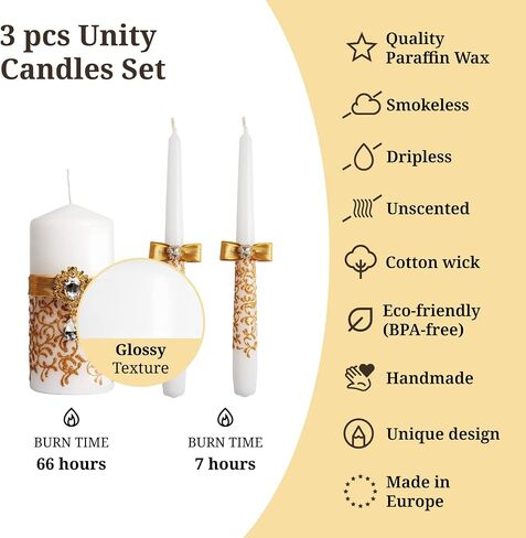 Ivory Unity Candle Set for Weddings Ceremony Set 3 pcs - 6" Pillar and 2 10" Tapers - Decorative Unity Candles for Wedding - Wedding Accessories for Reception and Ceremony Gold in Saudi Arabia