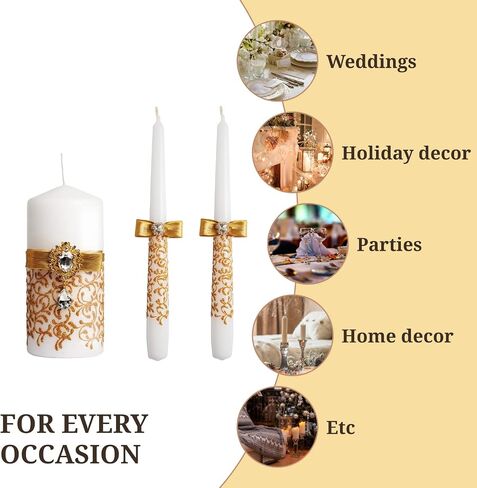 Ivory Unity Candle Set for Weddings Ceremony Set 3 pcs - 6" Pillar and 2 10" Tapers - Decorative Unity Candles for Wedding - Wedding Accessories for Reception and Ceremony Gold in Saudi Arabia