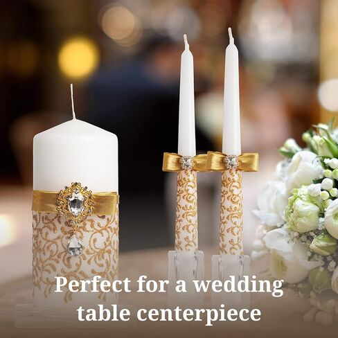 Ivory Unity Candle Set for Weddings Ceremony Set 3 pcs - 6" Pillar and 2 10" Tapers - Decorative Unity Candles for Wedding - Wedding Accessories for Reception and Ceremony Gold in Saudi Arabia