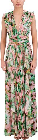 BCBGMAXAZRIA Women's Sleeveless V Neck Pleated Ruffle Maxi Gown in Saudi Arabia