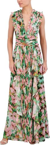 BCBGMAXAZRIA Women's Sleeveless V Neck Pleated Ruffle Maxi Gown in Saudi Arabia