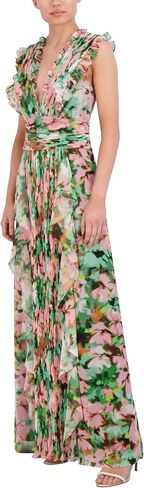 BCBGMAXAZRIA Women's Sleeveless V Neck Pleated Ruffle Maxi Gown in Saudi Arabia