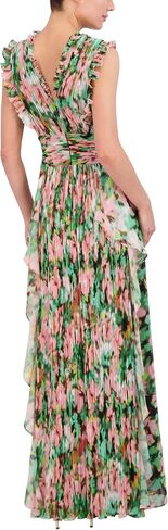 BCBGMAXAZRIA Women's Sleeveless V Neck Pleated Ruffle Maxi Gown in Saudi Arabia