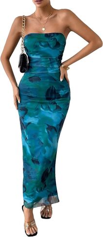Milumia Women's Printed Strapless Tube Top Long Dress Slit Hem Sleeveless Bodycon Maxi Dresses in Kuwait