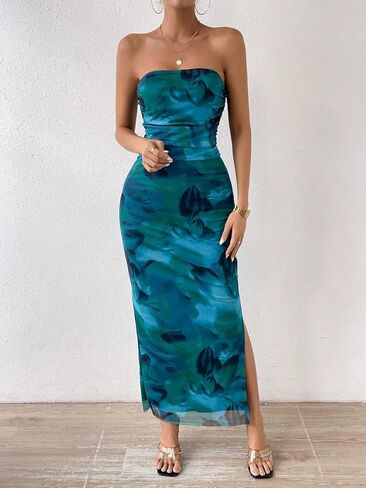 Milumia Women's Printed Strapless Tube Top Long Dress Slit Hem Sleeveless Bodycon Maxi Dresses in Kuwait