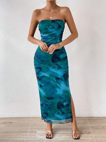 Milumia Women's Printed Strapless Tube Top Long Dress Slit Hem Sleeveless Bodycon Maxi Dresses in Kuwait