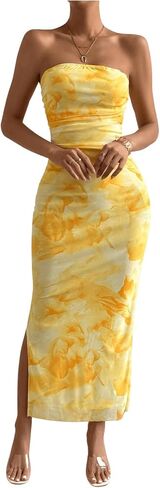 Milumia Women's Printed Strapless Tube Top Long Dress Slit Hem Sleeveless Bodycon Maxi Dresses in Kuwait