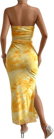 Milumia Women's Printed Strapless Tube Top Long Dress Slit Hem Sleeveless Bodycon Maxi Dresses in Kuwait