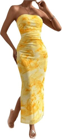 Milumia Women's Printed Strapless Tube Top Long Dress Slit Hem Sleeveless Bodycon Maxi Dresses in Kuwait
