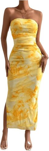Milumia Women's Printed Strapless Tube Top Long Dress Slit Hem Sleeveless Bodycon Maxi Dresses in Kuwait