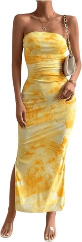 Milumia Women's Printed Strapless Tube Top Long Dress Slit Hem Sleeveless Bodycon Maxi Dresses in Kuwait