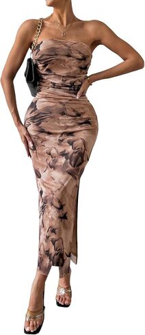 Milumia Women's Printed Strapless Tube Top Long Dress Slit Hem Sleeveless Bodycon Maxi Dresses in Kuwait