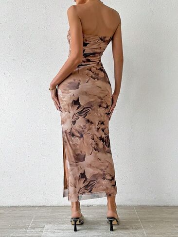 Milumia Women's Printed Strapless Tube Top Long Dress Slit Hem Sleeveless Bodycon Maxi Dresses in Kuwait