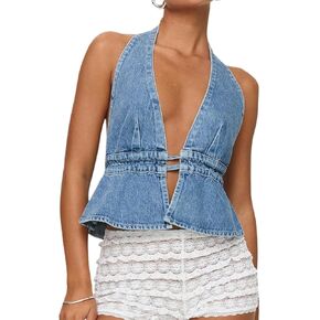 Denim Halter Top for Women Denim Open Back Tie-Up Halter Vest Jean Cropped Tank Top Summer 2025 in Kuwait