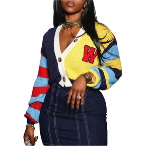 Women's Color Block Cropped Cardigan Button Down Long Sleeve Knit Sweaters Streetwear Outerwear in Saudi Arabia
